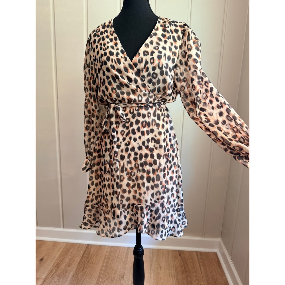 MNG Mango Leopard Print Wrap Dress Animal Print Long Sleeve Size Medium